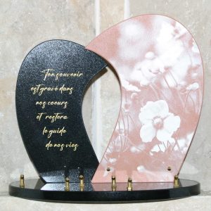Plaque granit noir ceramique texte et litho fleurs