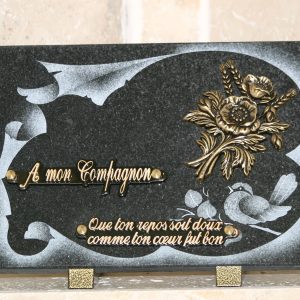 Plaque granit noir litho oiseaux bronze fleurs